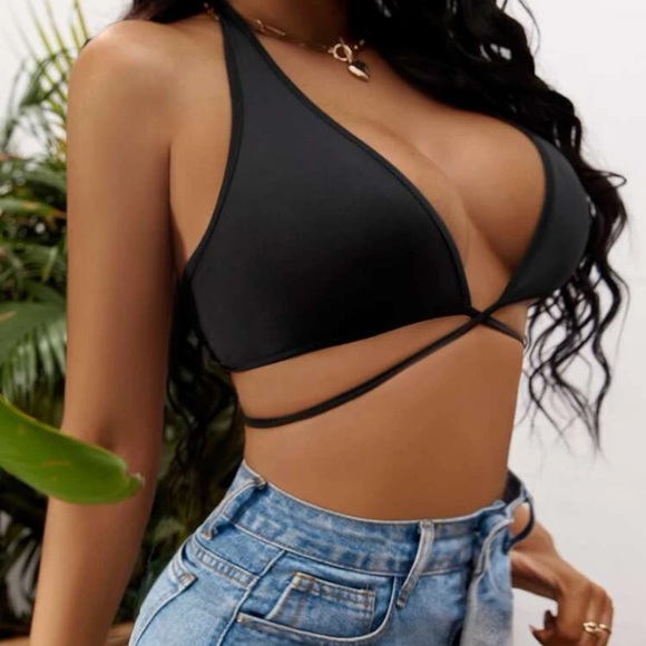 Plunging Neck Tie Backless Crop Halter Top | small - Picture 1 of 4